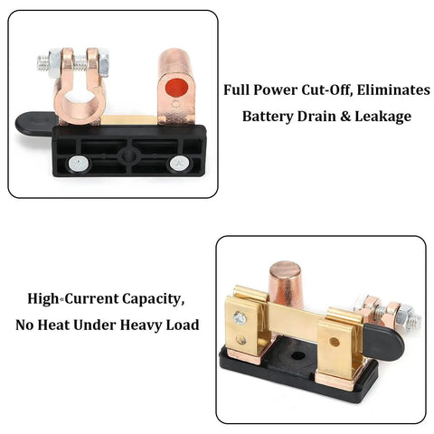 Heavy Duty Car Top Post Negative Battery Disconnect Switch 12V 24V knife blade cut-off switch featuring brass connectors.