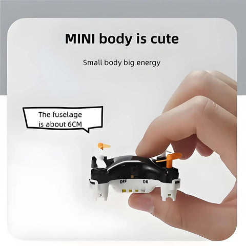 Hand holding compact mini drone with easy stunt flights and 360 degree tricks for beginners indoor outdoor quadcopter.