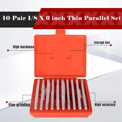 Thin Parallel Bar Set Pro Grade Ten Pairs One Eighth Inch Thick By Six Inch Long Precision Parallels in storage box.