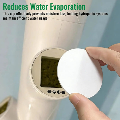 Hand applying white cap on hydroponic pipe. Hydroponic Tower Pipe Cap And Plant Spacer Kit For Easy Backyard Growers Get Your Green On Leak Proof Water Tube Plug With Snap Fit Connector For Universal Fit In Greenhouse Indoor Outdoor Gardens.
