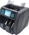 Hassle Free Multi Currency Money Counter Machine With Advanced Cis Sensor Authentication Automatic Receipt Printing High Speed Bill Sorting For Retail Bosses And Daily Cash Handlers, front view showing control panel and hoppers.
