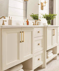 Champagne Bronze Cabinet Pull In Traditional Style With Overall Length 5-13/16 Inches And Center-To-Center 5-1/16 Inches Appoint Series Drawer Handle shown on cream bathroom cabinets