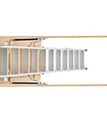 Aluminum Attic Ladder Foldable With Adjustable Heights For 7.66 To 10.3 Foot Ceilings, 54 By 22.5 Inch Opening, 375 Lb Load Capacity, installed in wooden attic frame