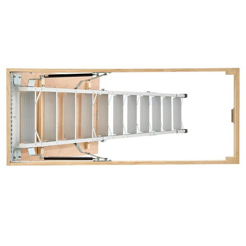 Aluminum Attic Ladder Foldable With Adjustable Heights For 7.66 To 10.3 Foot Ceilings, 54 By 22.5 Inch Opening, 375 Lb Load Capacity, installed in wooden attic frame