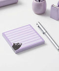 Black Cat Sticky Notes 3x3 Set For Back To School And Office with pen, purple memo pads featuring a black cat design on a desk