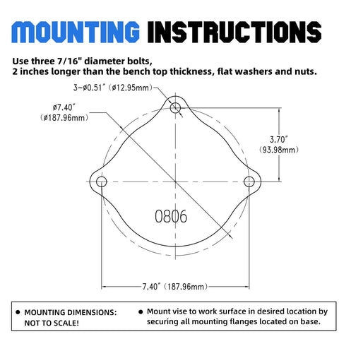 Diagram showing mounting instructions for Beefy 6 Inch Bench Vise With Swivel Base And Anvil, including bolt placements.