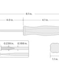 Technical diagram showing dimensions of Three Sixteenth Inch Slotted Screwdriver With Glass-Reinforced Nylon Handle Built For The Rough Stuff