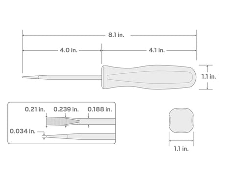 Technical diagram showing dimensions of Three Sixteenth Inch Slotted Screwdriver With Glass-Reinforced Nylon Handle Built For The Rough Stuff