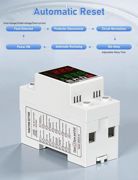 Smart Circuit Breaker With Adjustable Voltage Protection 70-200V Low Cutoff, 140-300V High Cutoff, 1-63A Overcurrent Protector AC Disconnect Switch showing digital display and settings.