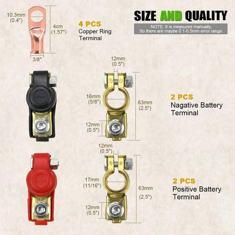 2 Pairs Car Battery Terminal Clamps Connectors With Plastic Covers For Top Notch Contact And Corrosion Resistance, chart of sizes and types.