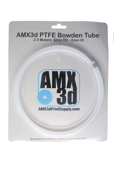 PTFE Bowden Tube For 1.75mm Filament, 2 Meters Long in packaging, white connector tubing with 2.0mm ID and 4.0mm OD for 3D printers