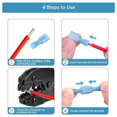 4-step process using Premium Nylon Insulated Spade Connector Kit with 100 Pcs Quick Disconnect Terminals for wiring setup