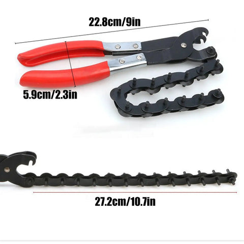 Exhaust Pipe Cutter Tool For 3/4 To 3-1/4 Inch Tailpipes And Tubing, Lubricated Wheel Mechanism For Smooth, Easy Cuts, Heavy-Duty Cutter For PVC Copper Steel Exhausts, Ideal For Tailpipe And Catalytic Converter Repairs. Chain-style pipe cutter with red handles, 22.8cm and 27.2cm