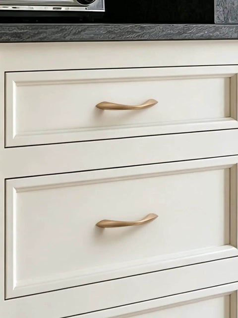 Champagne Bronze 3 Inch Arch Twisted Brass Cabinet Pulls 5 Pack Heavy Duty Zinc Alloy Drawer Handles on kitchen drawers