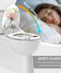 Elongated Toilet Seat Resin Quiet Close for Bathroom with floral design, showing quiet close feature for noise reduction.