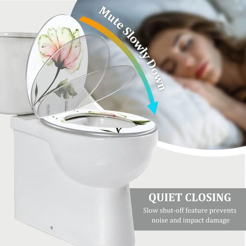 Elongated Toilet Seat Resin Quiet Close for Bathroom with floral design, showing quiet close feature for noise reduction.