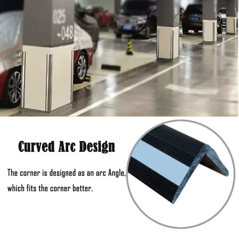 Heavy Duty Reflective Garage Wall Guard Plus Slick Rubber Corner Protector For Car Door Bumper Shield With High Visibility Night Safety Strip Tough As Nails Warehouse Parking Lot Anti Collision Bumper Guard Black in curved design mounted in garage.