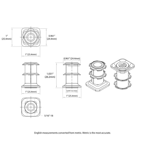 Diagram of Double Star Threaded Caster Inserts Heat Treated Steel Fits One Inch Square Tubing Sixteen To Eighteen Gauge