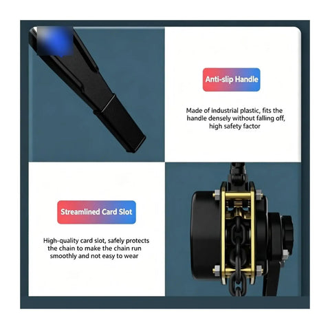 Heavy Duty Manual Lever Hoist With Hella Durable Ratchet System And Swivel Hooks Delivers Zero Slack Lock And Smooth Lift Capability For Any Garage Job features anti-slip handle and streamlined card slot.