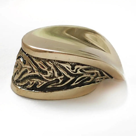 Flame Style Knife Guard Bolster And Pommel Set detail, hand cast bronze finish with ornate design for custom handles.