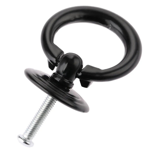Close-up of Four Pack Vintage Ring Drawer Pulls For Dresser Cupboard Doors, Old School Retro Vibe Cabinet Knobs In Black, Durable Zinc Alloy Hardware 1.77 By 1.34 Inches For Wardrobe, Chest, Bin, And Other Furniture