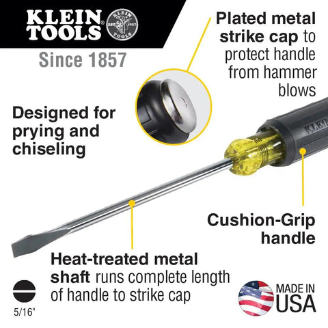 Keystone Demolition Screwdriver 5 16 Inch, 7 Inch Shank with plated strike cap and cushion-grip handle, ideal for prying and chiseling.