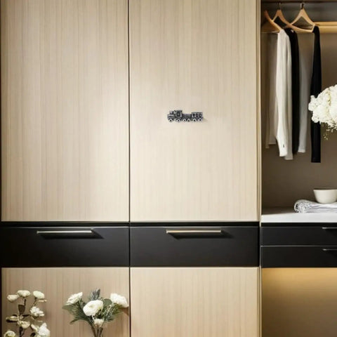 Black Brushed Zinc Alloy Train Cabinet Knobs For Bedroom Furniture Set Of 2 mounted on wooden wardrobe