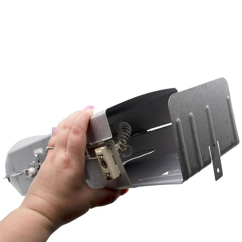 Hand holding Dryer Heating Element Canister Replacement With Heater Casing And Two Thermostats Includes DC47-00019A Element Wires Not Included