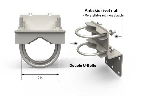 Beefy Heavy Duty Pole Mount For Outdoor Antennas And Weather Stations With Double U Bolts One Quarter Inch Outer Diameter And Fifteen And Three Quarter Inch Length Ideal For TV Radio Satellite Starlink WiFi Boosters And Cell Signal, showing anti-skid rivet nut and double U-bolts design in 2-inch spacing.