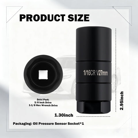 Beefy One And One Sixteenth Inch Oil Pressure Sensor Socket For Three Eighths Inch Drive And One And One Eighth Inch Hex Wrench Drive Heavy Duty Chrome Moly Steel Universal Oil Pressure Switch Socket For Quick Dismantling And Easy Installation, size 1.30x2.95 inches