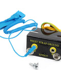 ESD wrist strap grounding kit with blue adjustable strap, coiled cord, and black grounding box with two yellow sockets