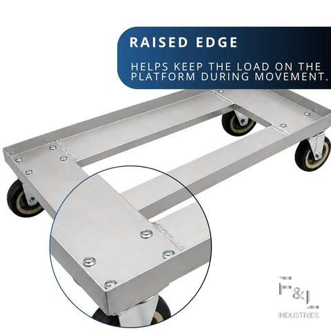 Heavy Duty Aluminum Milk Crate Dolly With Smooth Roll Casters showing raised edge design for secure load transport.