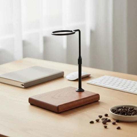 Premium Walnut Coffee Dripper Stand Adjustable Pour Over Holder With Matte Copper Aluminum Bracket and textured loop on wooden countertop.