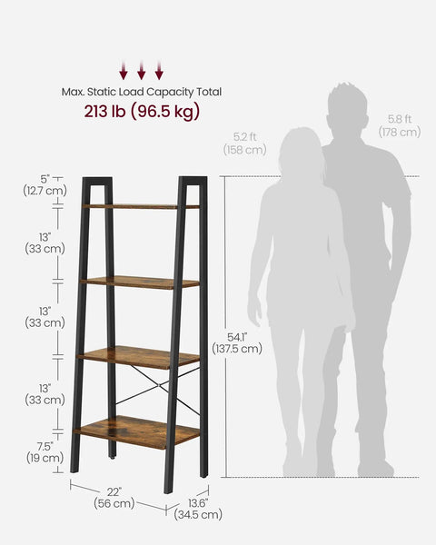 Dimensions and height comparison of 4-Tier Ladder Shelf Storage Rack With Steel Frame Bookcase For Living Room Home Office Kitchen Bedroom Industrial Rustic Brown And Ink Black Finish Perfect For Stacking Books Decor And Gear In Tight Spaces ULLS44X