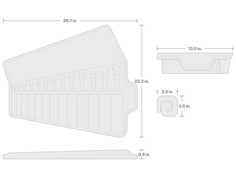 Diagram of Ratcheting Combination Wrench Set With Roll Up Pouch, Thirteen Piece dimensions, showing pouch size and layout