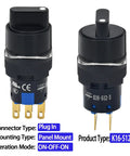 16mm Three Position Rotary Switch With Two NO Two NC DPDT Latching 5 Amp 250 Volt On Off On Selector Button Knob UL Listed