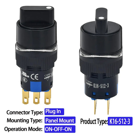 16mm Three Position Rotary Switch With Two NO Two NC DPDT Latching 5 Amp 250 Volt On Off On Selector Button Knob UL Listed