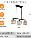 Dimensions and features of Three Light Crystal Ceiling Pendant With Adjustable Height, E26 Base Square Modern Chandelier