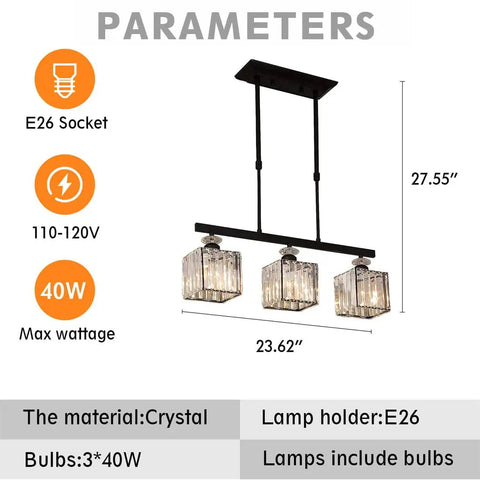 Dimensions and features of Three Light Crystal Ceiling Pendant With Adjustable Height, E26 Base Square Modern Chandelier