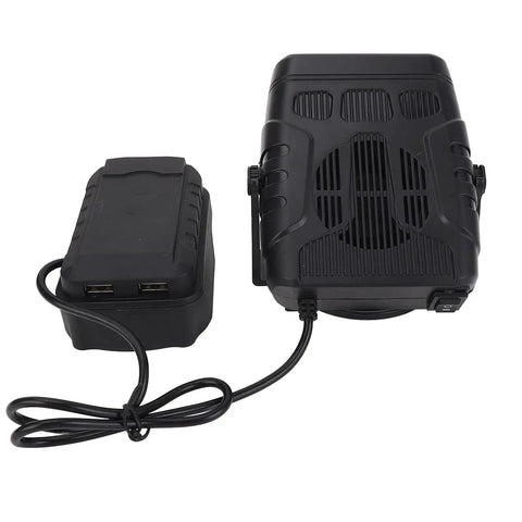 Cordless Desk Space Heater With USB Charging, Portable Office Heater, shown with power adapter and two heat settings, battery not included