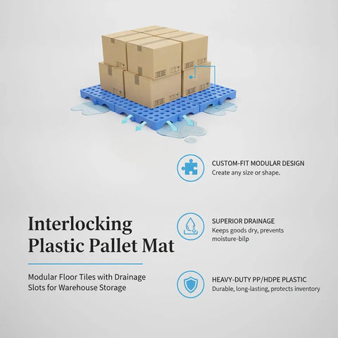 Heavy Duty Interlocking Plastic Pallet Mat Tiles With Drainage Slots for warehouse aisles and cold storage, holding cardboard boxes