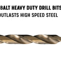 M42 Cobalt Drill Bit gold oxide finish showing spiral grooves for stainless steel and nickel alloys, text: 'Outlasts High Speed Steel'.