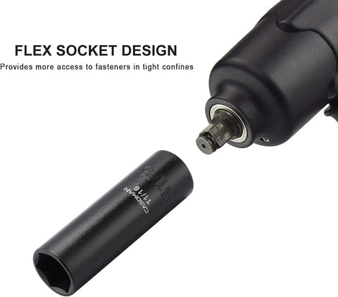 Close-up of impact wrench with flex socket design, showing 11-piece deep impact socket set with one half inch drive SAE three eighths to one inch six point flank drive drop forged chrome vanadium with black phosphate finish for beefy heavy duty auto repair and garage projects.