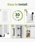 Installation guide for White Interior Sliding Barn Door 38 By 84 Inches With Heavy Duty Track showing steps for setup.