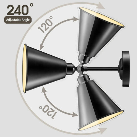Two Pack Industrial Vintage Modern Matte Black Wall Sconces With Adjustable Swing Arm 180 Degree Tilt shown in 240 degree rotation