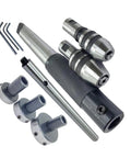 Pro Grade MT3 Morse Taper Lathe Tailstock Tap And Die Holder Set Eight Piece Threading And Tapping Kit with knurled sleeve.