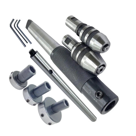 Pro Grade MT3 Morse Taper Lathe Tailstock Tap And Die Holder Set Eight Piece Threading And Tapping Kit with knurled sleeve.