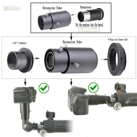 Installation of Variable Extension Telescope Camera Adapter for Canon SLR and DSLR bodies with T2 ring and extension tube.