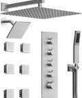 GRANDJOY 16" Dual Shower System with Handheld Spray, Brushed Nickel, featuring rainfall head and body jets.