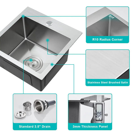 20 Inch Drop In Kitchen Sink In Stainless Steel With Brushed Nickel Finish, Single Bowl Compact Design For Small Kitchens, diagram details